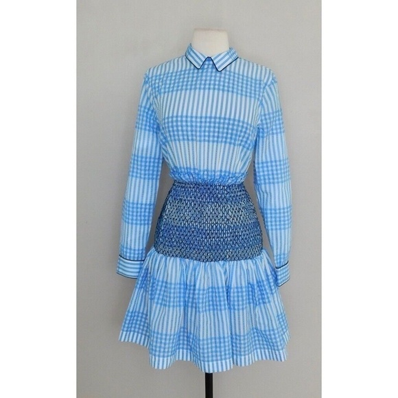 NWT!! GANNI Charron Smocked Gingham Dress Ruffle Peter Pan Mini Embroidered 36 4 - Picture 3 of 16